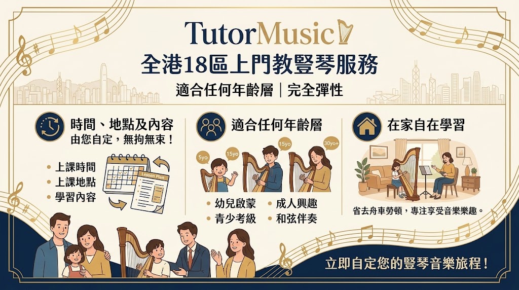 全港18區上門教豎琴課程服務